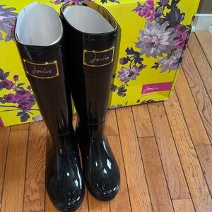 Joules Black Glossy Tall Rain Boots with Gold Accents